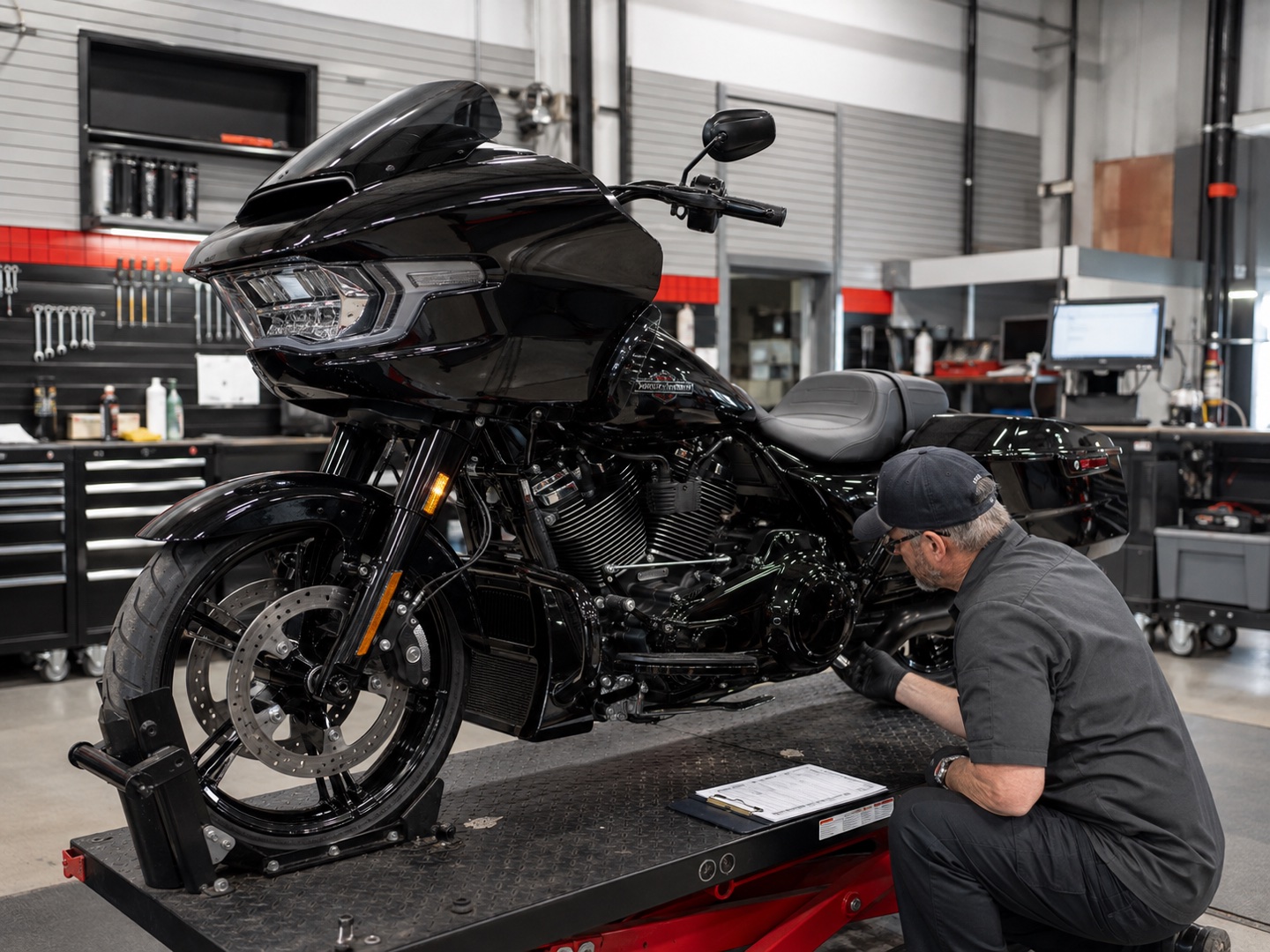 2024 Harley-Davidson Road Glide undergoing a Massachusetts motorcycle safety inspection