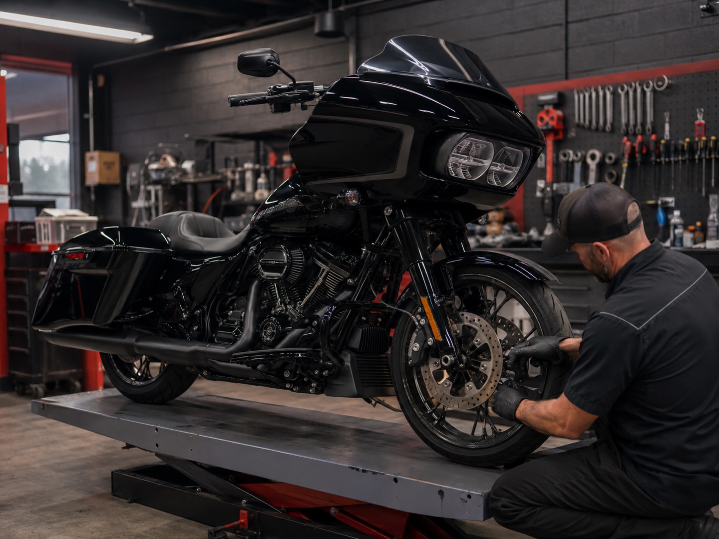 2024 Harley-Davidson Road Glide receiving professional motorcycle service in our Amesbury shop